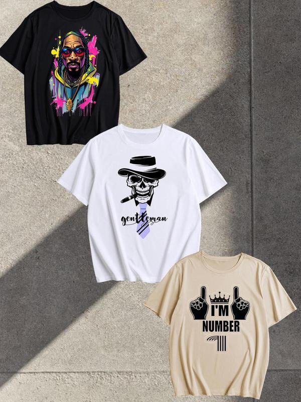 Men's Letter & Skeleton Print Round Neck Tee, Loose Casual Short Sleeve T-shirt for Summer, Men's Top for Daily Wear...