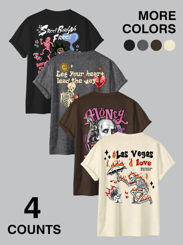 Men's Letter & Skeleton Print Round Neck Tee, Regular Fit Casual Short Sleeve T-shirt for Summer, Men's Top for Daily...