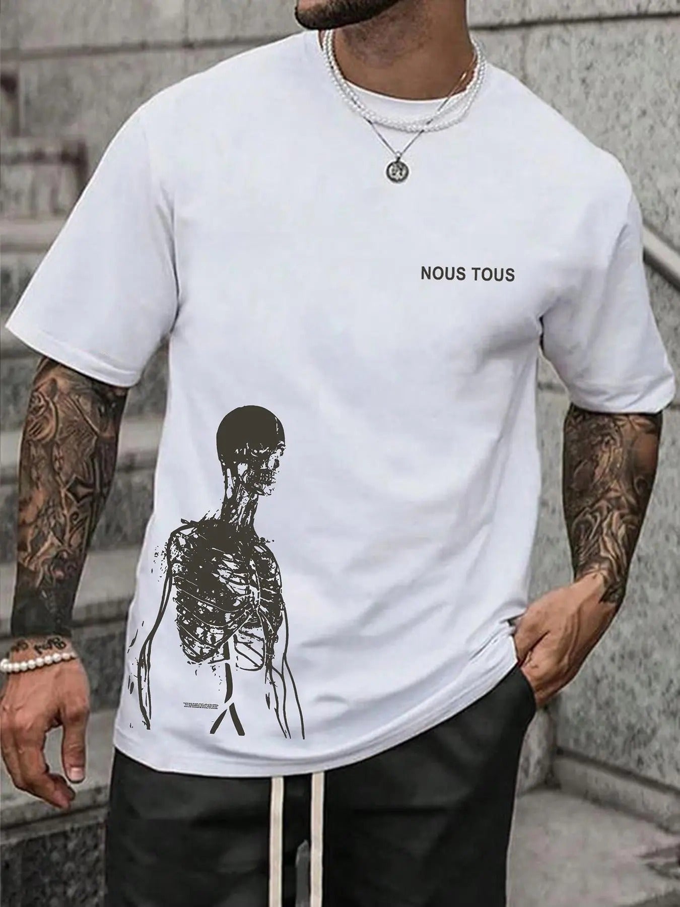 Men's Letter & Skull Print Round Neck Tee, Loose Casual Short Sleeve Crew Neck T-Shirt for Summer, Fashion Men's Top for...