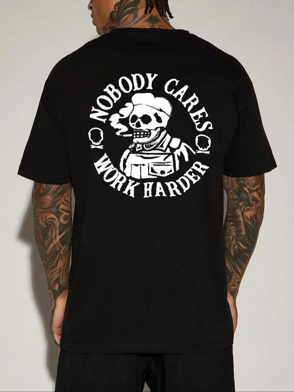 Men's Letter & Skull Print Round Neck Tee, Regular Fit Casual Short Sleeve Crew Neck T-shirt for Daily Wear, Comfy...