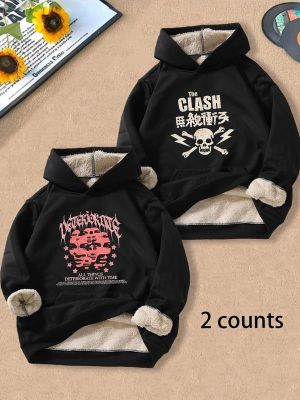 Men's Letter & Skull Print Thermal Lined Hoodie, Casual Regular Fit Punk Style Long Sleeve Hooded Sweatshirt for Fall &...