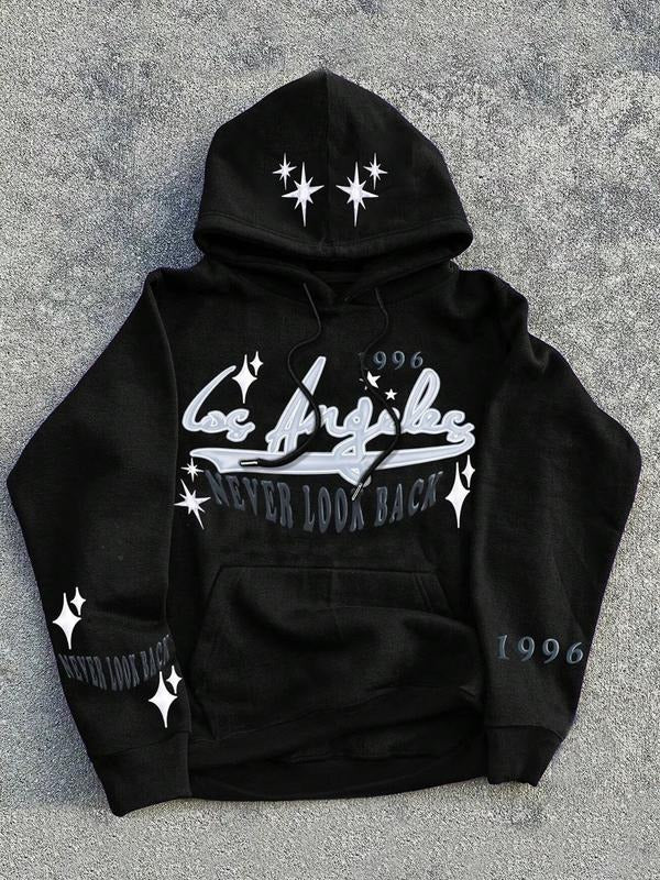 Men's Letter & Star Print Long Sleeve Hoodie, Casual Fitted Graphic Pullover, Comfortable Fall Winter Fashion Gift for...