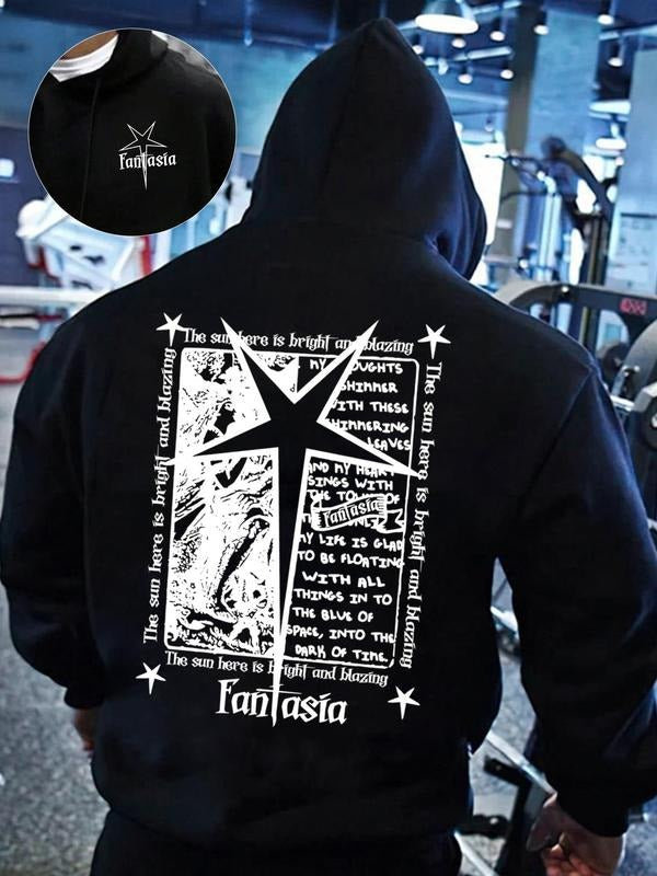 Men's Letter & Star Print Thermal Lined Hoodie, Casual Loose Star Pattern Hooded Sweatshirt for Fall & Winter, Men's Top...