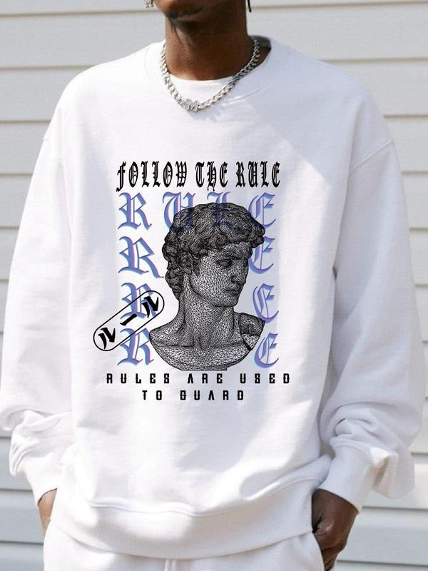 Men's Letter & Statue Print Drop Shoulder Long Sleeve Sweatshirt, Regular Fit Casual Comfy Round Neck Pullover, Men's...
