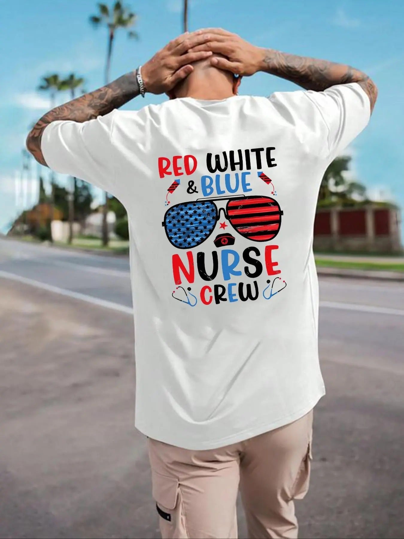 Men's Letter & Sunglasses Print Drop Shoulder Tee, Loose Casual Short Sleeve Round Neck T-Shirt for Summer, Men's Top for...