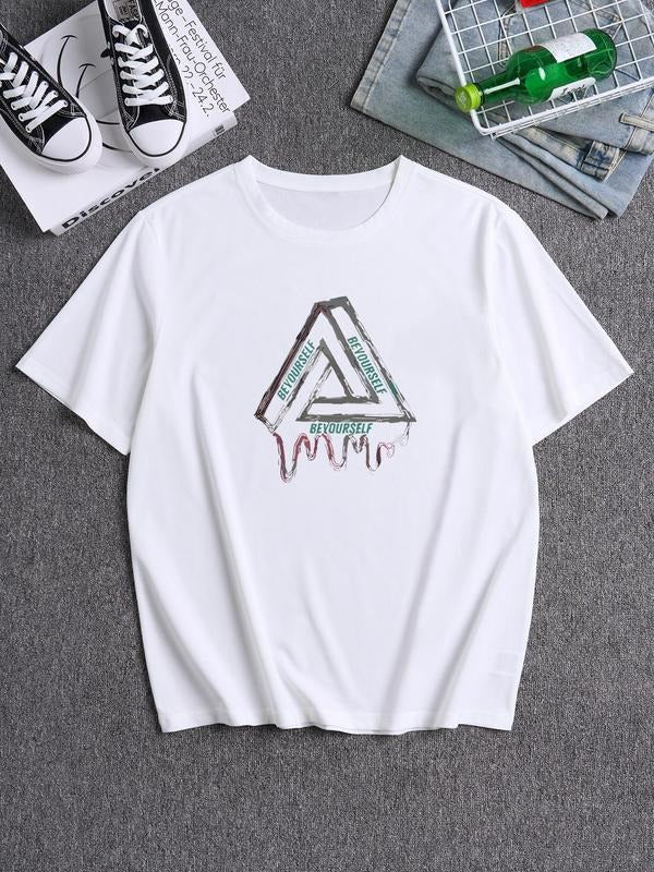 Men's Letter & Triangle Print Round Neck Tee, Regular Fit Casual Short Sleeve Crew Neck T-shirt for Summer, Fashion Men's...