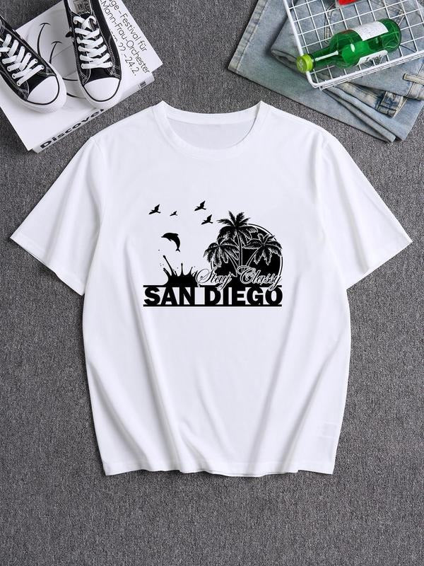Men's Letter & Tropical Print Round Neck Tee, Loose Casual Fashion Short Sleeve T-shirt for Summer, Men's Top for Daily...