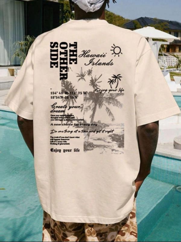 Men's Letter & Tropical Print Vintage Graphic Tees, Regular Fit Round Neck Short Sleeve Baggy T-shirt for Men,...