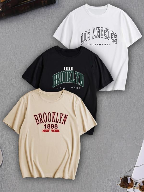 Men's Letter & Year Print Drop Shoulder Tee, Loose Street Fashion Casual Round Neck Short Sleeve T-shirt for Daily Wear,...