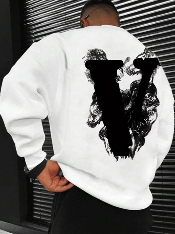 Men's Letter "V" Print Round Neck Sweatshirt, Regular Fit Casual Fashion Drop Shoulder Long Sleeve Pullover, Men's Fall &...