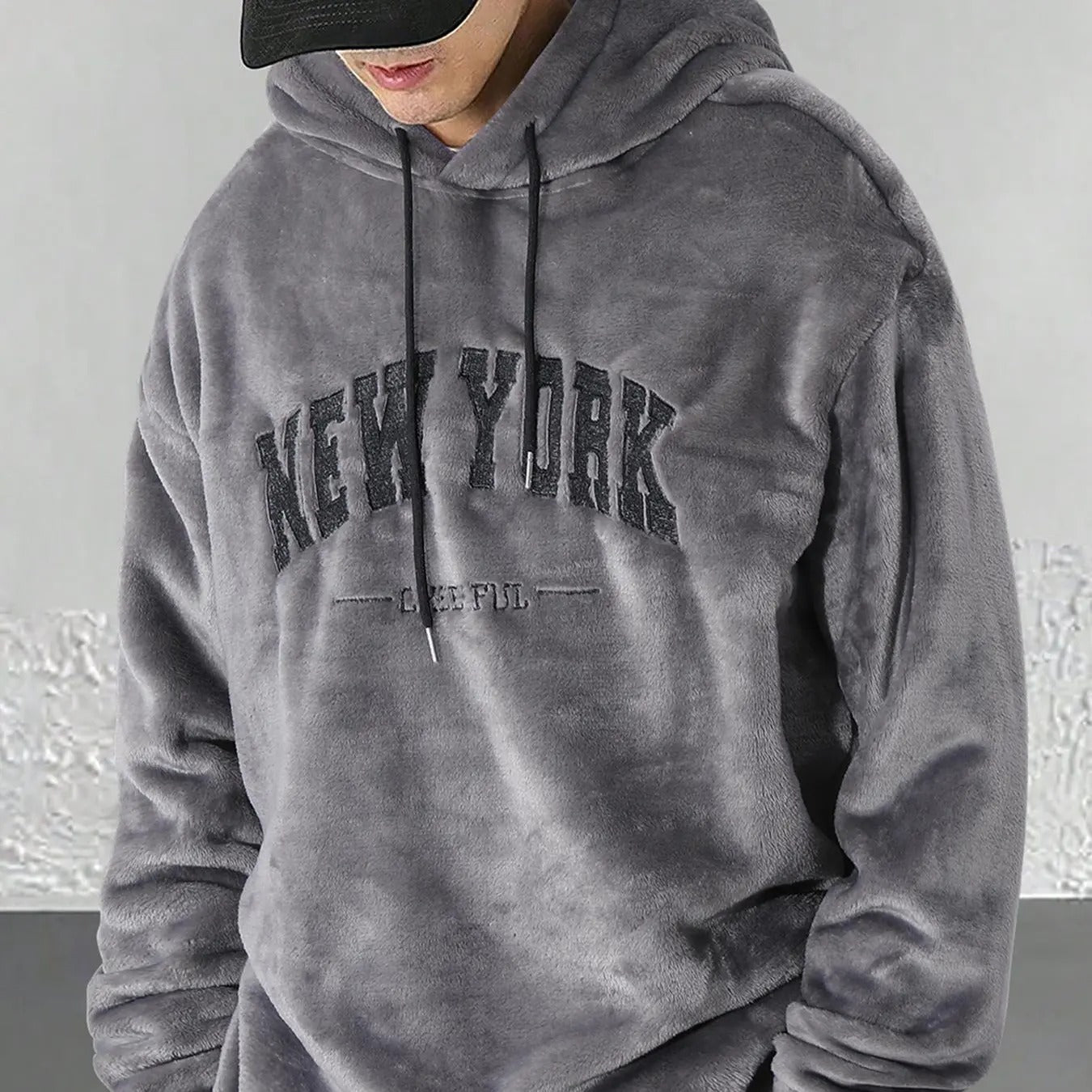 Men's Letter Embroidery Drop Shoulder  Plush Hoodie, Fashion Casual Long Sleeve  Hooded Sweatshirt for Daily Holiday...