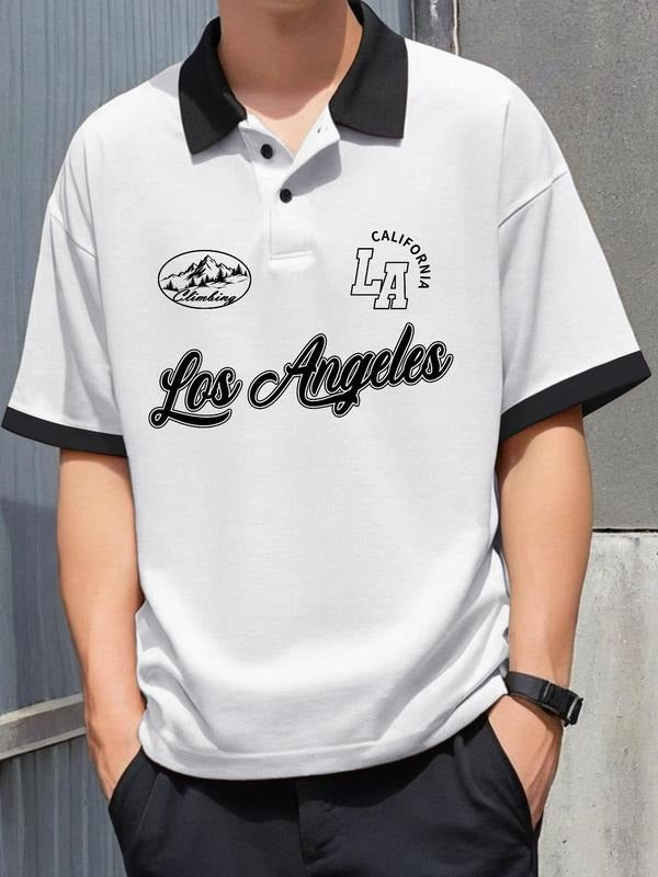 Men's Letter Graphic Contrast Binding Polo Shirt, Casual Drop Shoulder Half Sleeve Top for Summer, Preppy Style Men's...