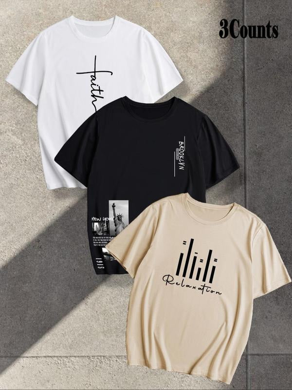 Men's Letter Graphic Print Crew Neck Tee, Loose Casual Comfy Breathable Round Neck Short Sleeve T-shirt for Summer, Men's...