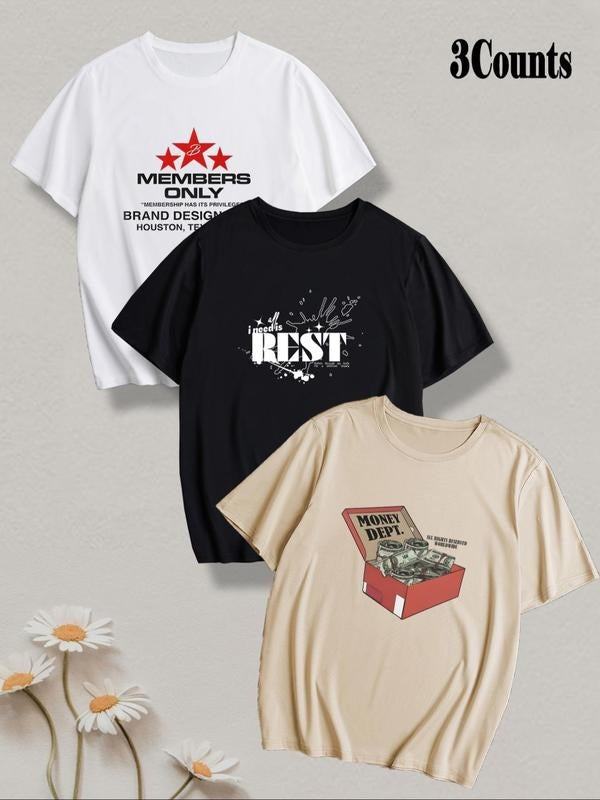 Men's Letter Graphic Print Crew Neck Tee, Loose Casual Comfy Round Neck Short Sleeve T-shirt for Summer, Men's Top for...