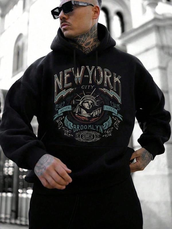 Men's Letter Graphic Print Drop Shoulder Hoodie, Casual Loose Long Sleeve Drawstring Hooded Sweatshirt for Fall & Winter,...