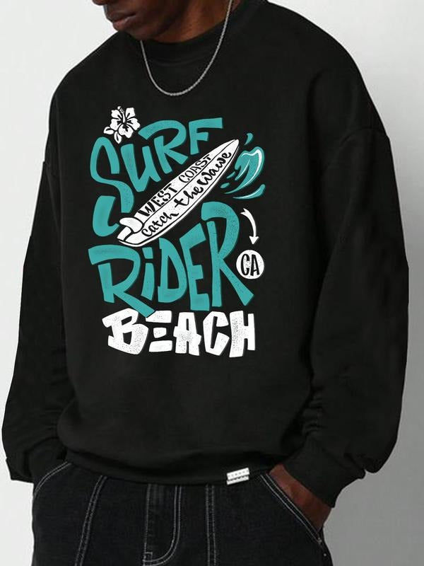 Men's Letter Graphic Print Drop Shoulder Sweatshirt, Casual Soft Comfy Long Sleeve Crew Neck Pullover for Fall & Winter,...