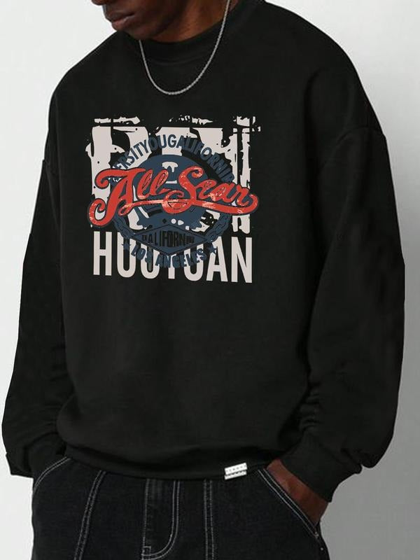 Men's Letter Graphic Print Round Neck Sweatshirt, Regular Fit Casual Fashion Drop Shoulder Long Sleeve Pullover, Men's...