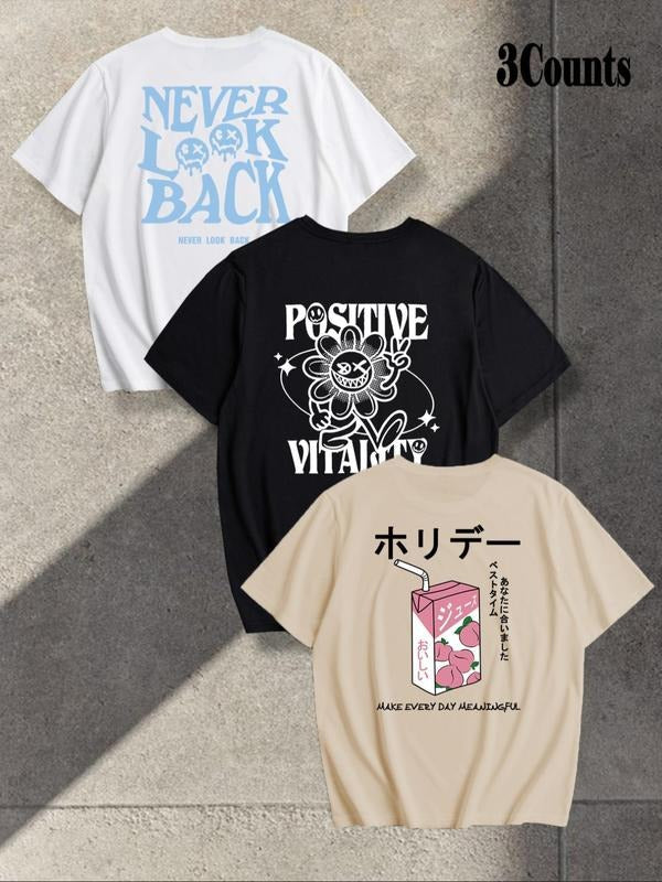 Men's Letter Graphic Print Round Neck Tee, Loose Casual Comfy Breathable Short Sleeve Crew Neck T-shirt for Summer, Men's...