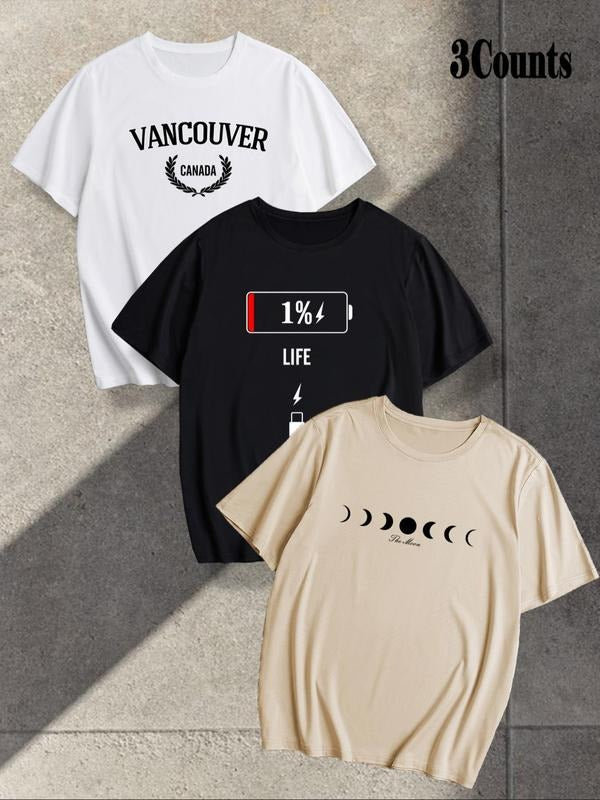 Men's Letter Graphic Print Round Neck Tee, Loose Casual Comfy Breathable Short Sleeve Crew Neck T-shirt for Summer, Men's...