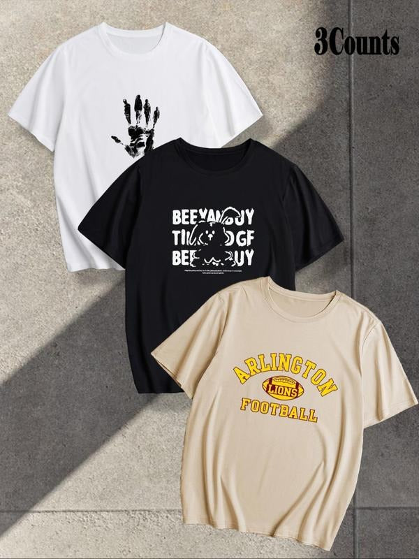 Men's Letter Graphic Print Round Neck Tee, Loose Casual Comfy Breathable Short Sleeve Crew Neck T-shirt for Summer, Men's...