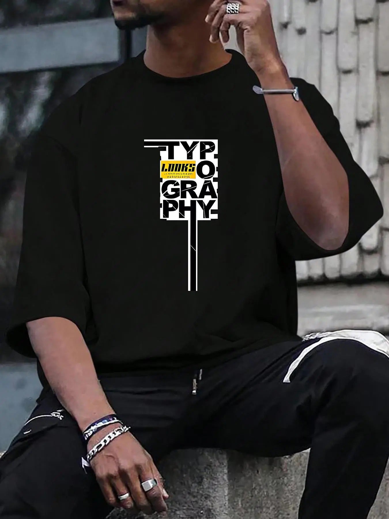 Men's Letter Graphic Print Round Neck Tee, Loose Casual Drop Shoulder Short Sleeve T-shirt, Men's Summer Top for Daily...