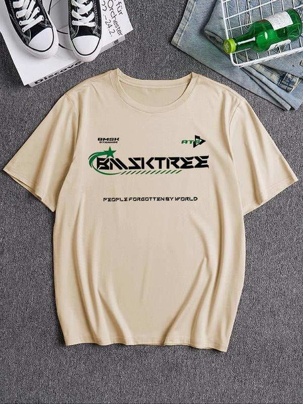 Men's Letter Graphic Print Round Neck Tee, Loose Street Fashion Comfy Drop Shoulder Short Sleeve Crew Neck T-shirt for...