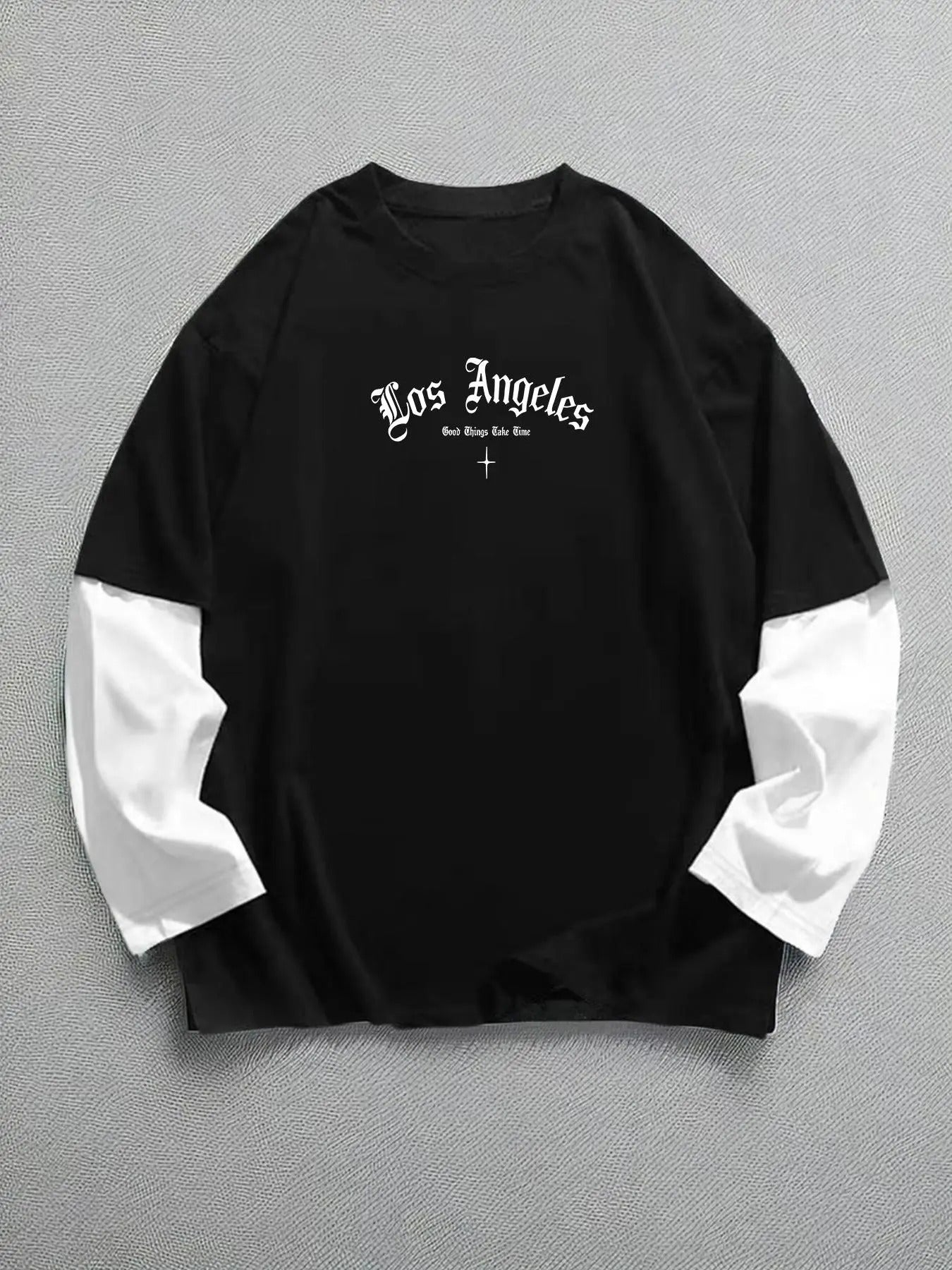 Men's Letter Print 2 in 1 Drop Shoulder Sweatshirt, Regular Fit Casual Long Sleeve Round Neck Pullover for Fall & Winter,...