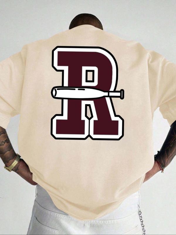 Men's Letter Print Baseball Bat & Ball Print Short Sleeve Tee, Regular Fit Casual Comfy T-shirt for Summer, Men's Top for...
