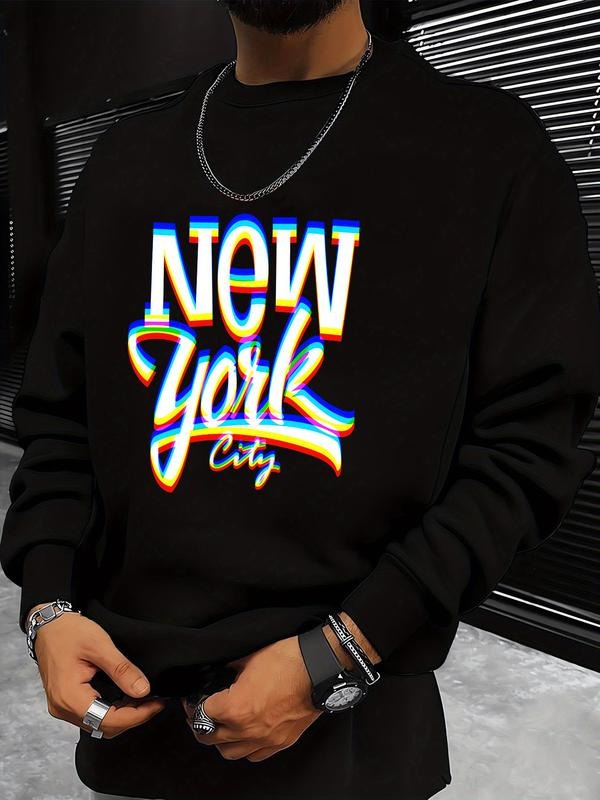 Men's Letter Print Drop Shoulder Sweatshirt, Casual Long Sleeve Round Neck Pullover for Fall & Winter, Men's Clothes for...