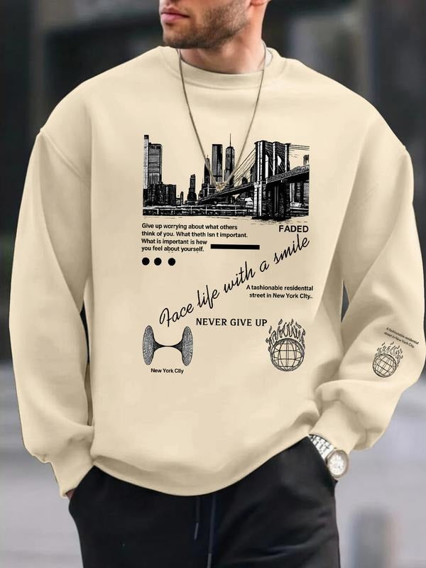 Men's Letter Print Drop Shoulder Sweatshirt, Casual Loose Relaxed Fit Long Sleeve Round Neck Pullover for Fall & Winter,...