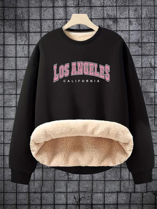 Men's Letter Print Drop Shoulder Sweatshirt, Casual Regular Fit Fleece and Thicken Long Sleeve Round Neck Pullover for...