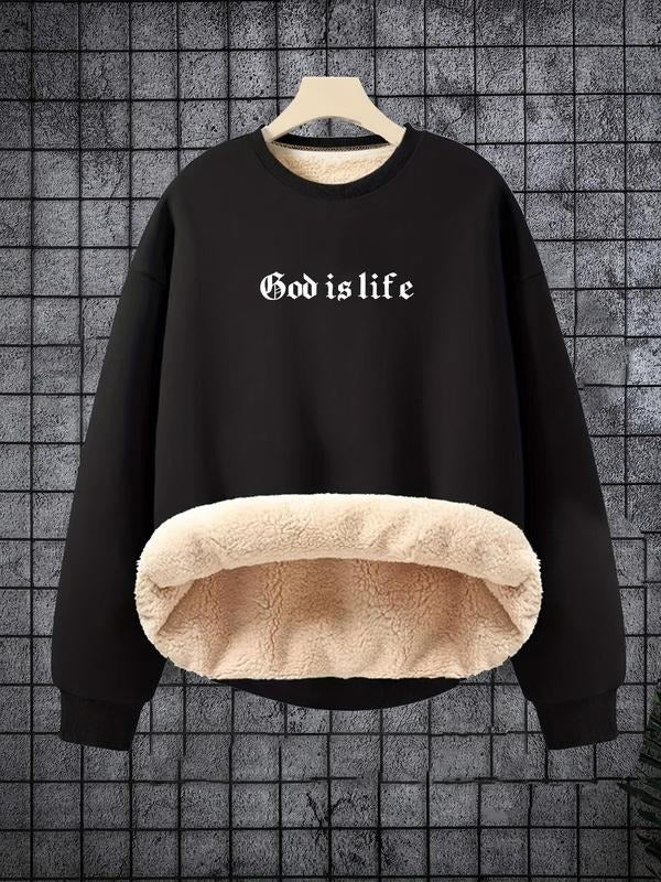 Men's Letter Print Drop Shoulder Sweatshirt, Casual Regular Fit Long Sleeve Round Neck Pullover for Fall & Winter, Men's...