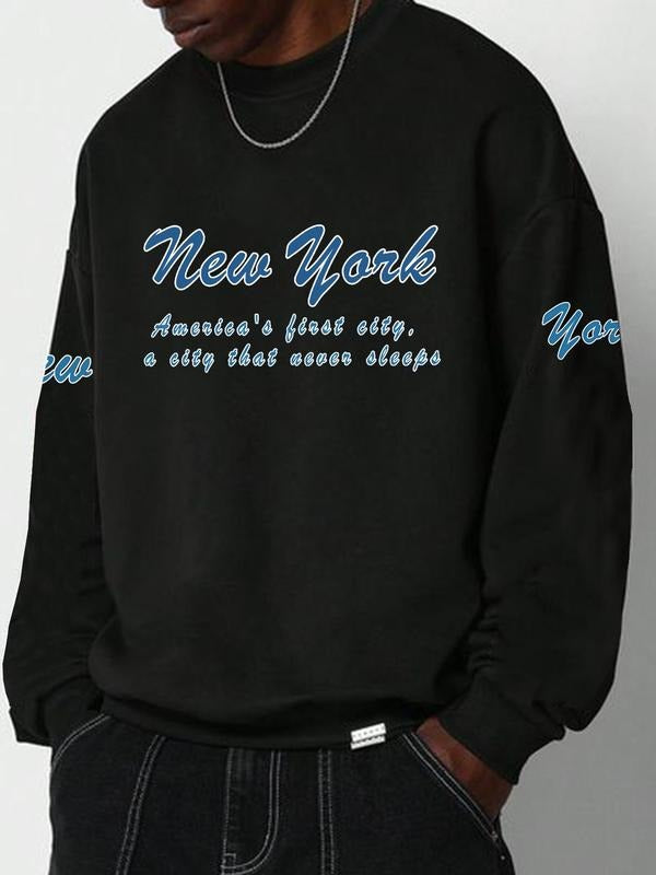 Men's Letter Print Drop Shoulder Sweatshirt, Loose Casual Soft Comfy Long Sleeve Round Neck Pullover for Daily Wear,...
