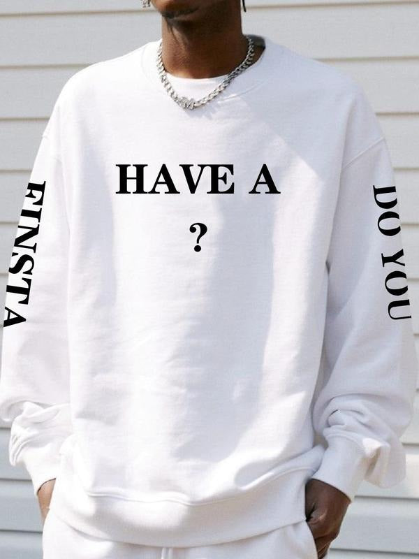 Men's Letter Print Drop Shoulder Sweatshirt, Regular Fit Casual Long Sleeve Round Neck Pullover for Fall & Winter, Men's...