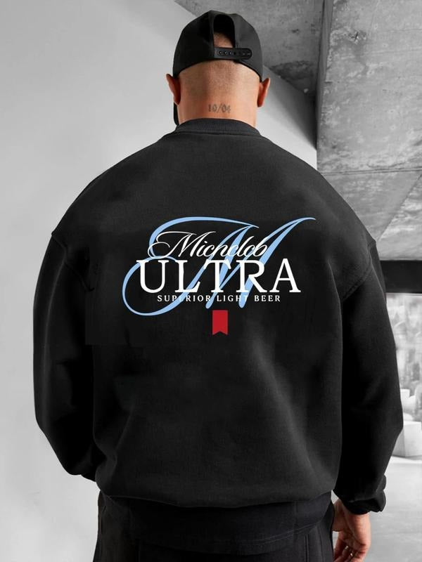 Men's Letter Print Drop Shoulder Sweatshirt, Regular Fit Casual Soft Comfy Long Sleeve Round Neck Pullover for Fall &...