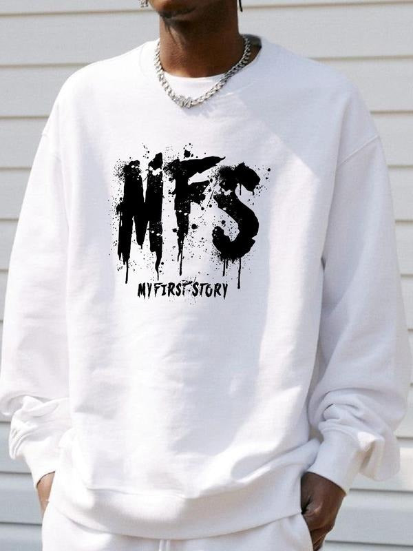 Men's Letter Print Drop Shoulder Sweatshirt, Regular Fit Casual Soft Comfy Long Sleeve Round Neck Pullover for Fall &...
