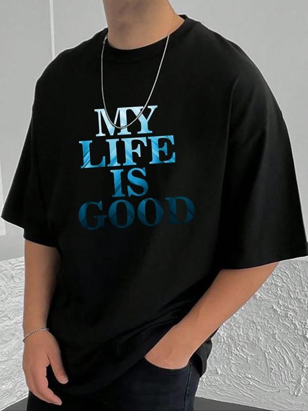 Men's Letter Print Drop Shoulder Tee, Casual Half Sleeve Round Neck T-Shirt for Summer, Fashion Men's Loose Top for Daily...