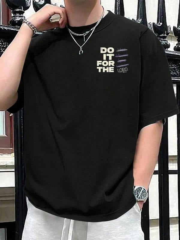 Men's Letter Print Drop Shoulder Tee, Loose Casual Street Short Sleeve Round Neck T-Shirt for Summer, Men's Top for Daily...