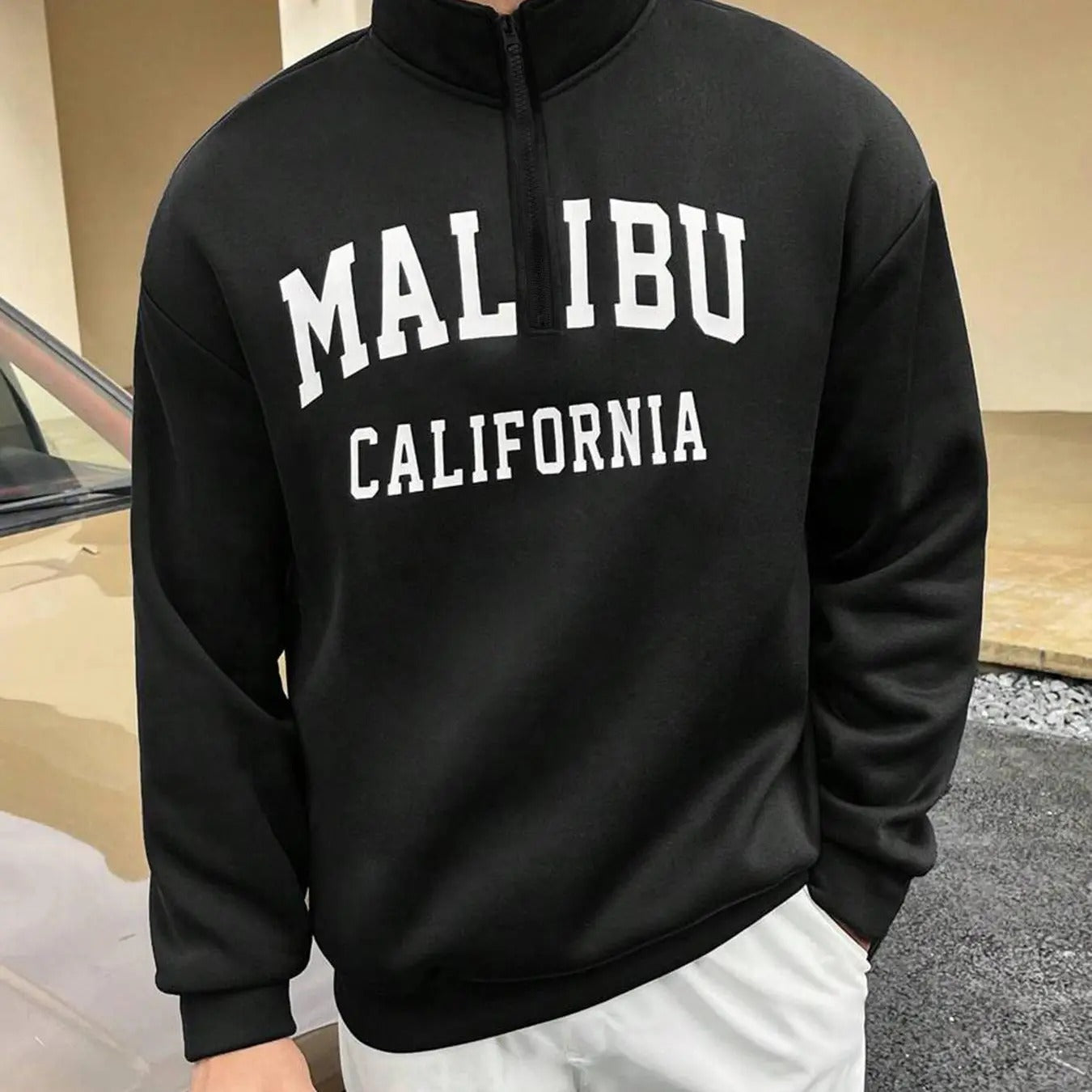 Men's Letter Print Half Zip Drop Shoulder Thermal Lined Sweatshirt, Casual Loose Long Sleeve Stand Collar Pullover for...