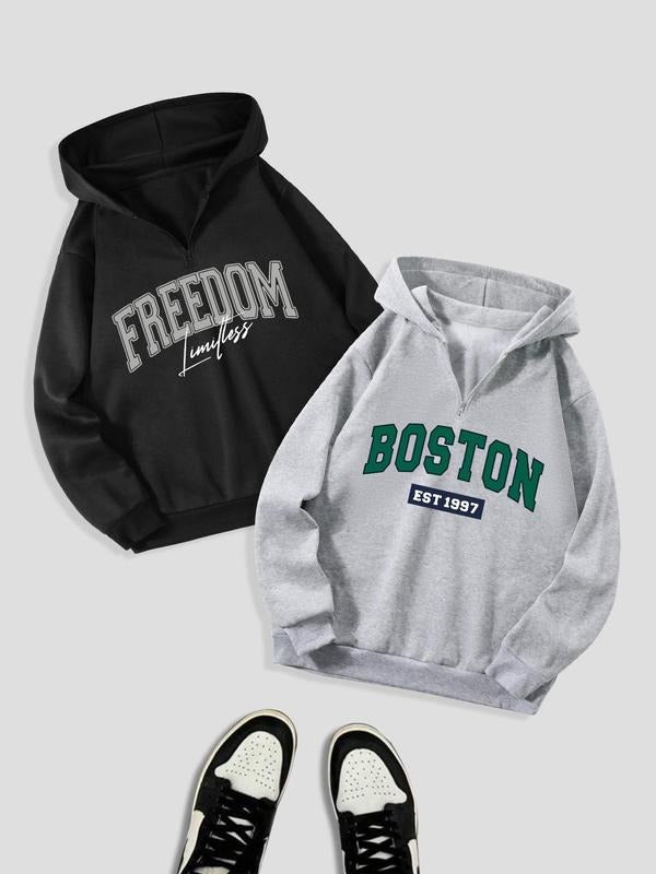 Men's Letter Print Half Zip Hoodie, Casual Regular Fit Drop Shoulder Long Sleeve Hooded Sweatshirt for Fall & Winter,...
