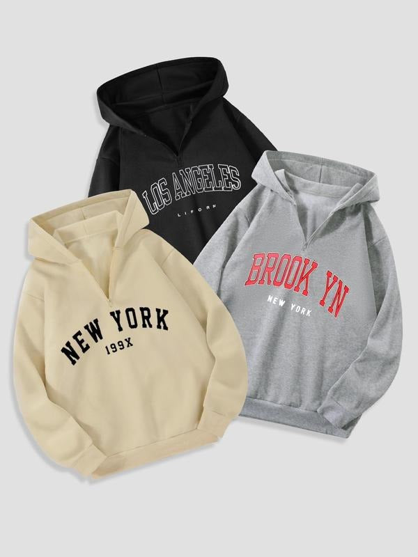 Men's Letter Print Half Zip Hoodie, Casual Regular Fit Drop Shoulder Long Sleeve Hooded Sweatshirt for Fall & Winter,...