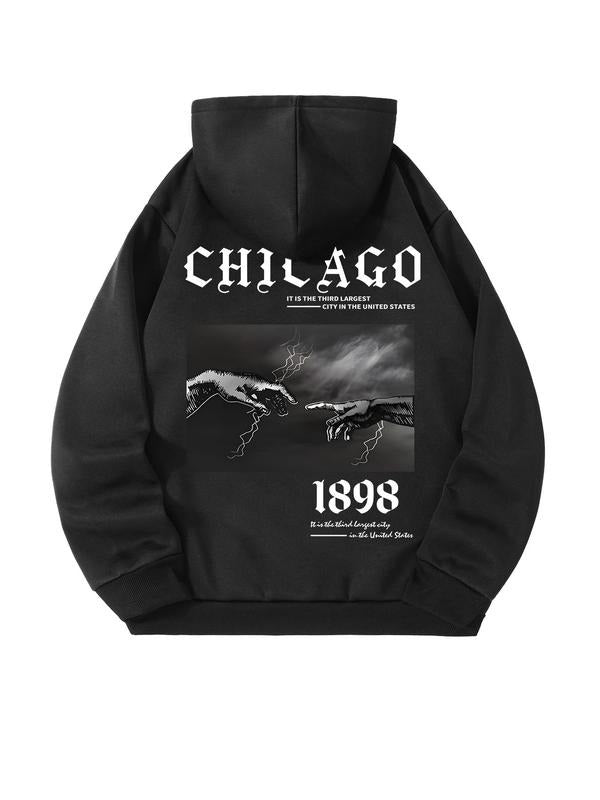 Men's Letter Print Half Zip Up Hoodie, Casual Regular Fit Long Sleeve Drop Shoulder Hooded Sweatshirt for Fall & Winter,...