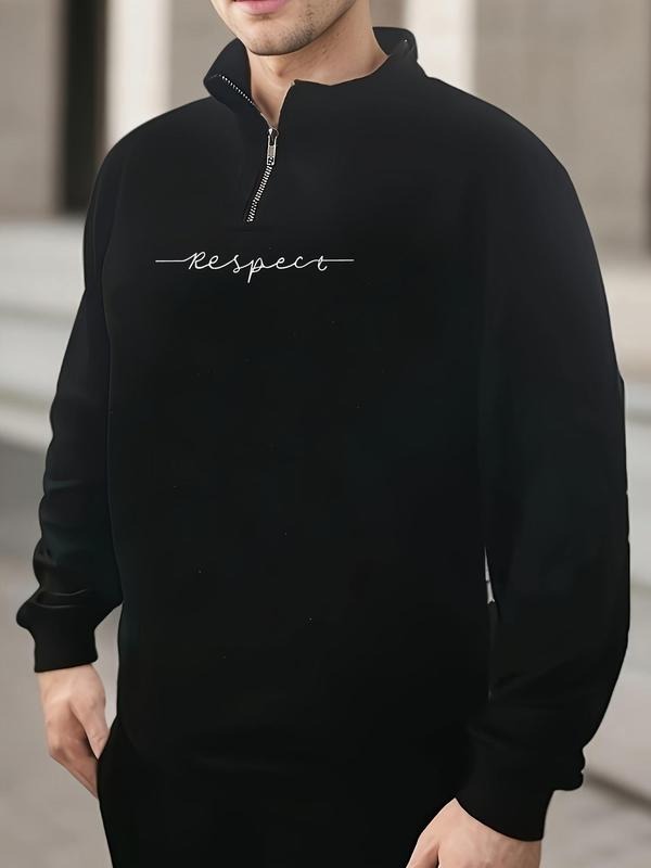 Men's Letter Print Half Zipper Mock Neck Sweatshirt, Regular Fit Casual Breathable Long Sleeve Pullover for Outdoor...