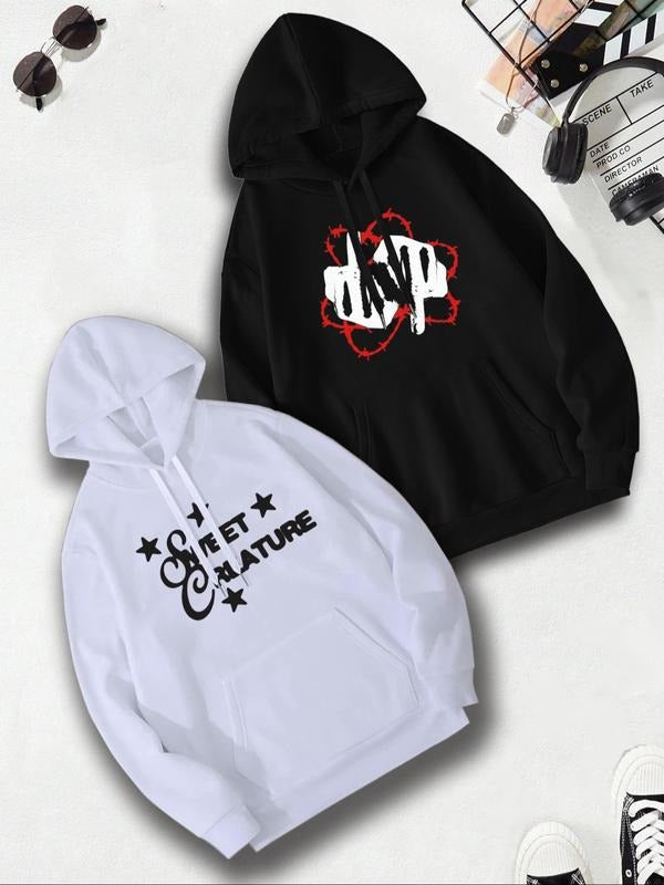 Men's Letter Print Hoodie Set, Casual Regular Fit Long Sleeve Hoodie Pullover for Fall & Winter, Men's Clothes for Daily...