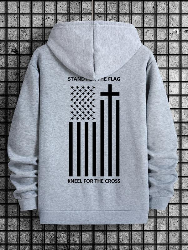 Men's Letter Print Hoodie for Flag and Cross, Casual Pullover Sweatshirt for Spring & Fall, Loose Fit Lightweight Hooded...