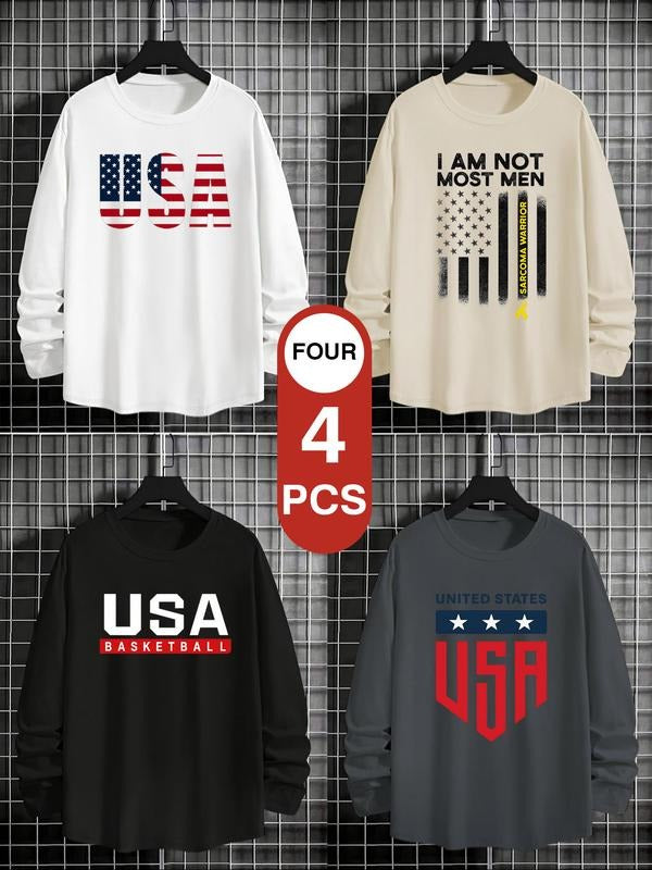 Men's Letter Print Long Sleeve Tee, Casual Loose Round Neck T-shirt for Fall & Winter, Men's Top for Daily Wear style 05...