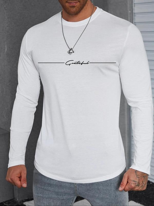 Men's Letter Print Long Sleeve Tee, Regular Fit Casual Fashion Round Neck T-shirt for Spring & Fall, Men's Top for Daily...