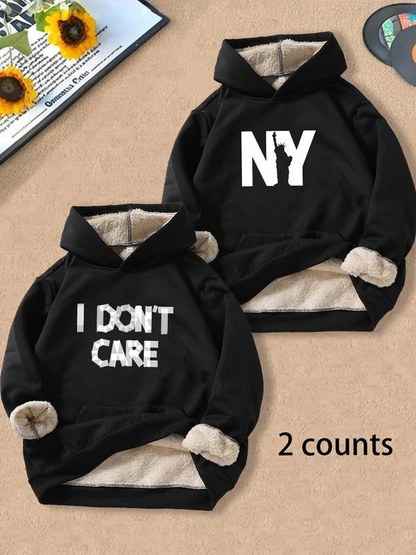 Men's Letter Print Plush Hoodie, Casual Regular Fit Long Sleeve Hooded Sweatshirt for Fall & Winter, Men's Clothes for...
