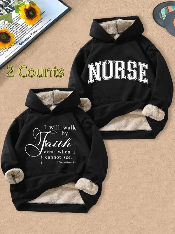 Men's Letter Print Plush Hoodie, Casual Regular Fit Long Sleeve Hooded Sweatshirt for Fall & Winter, Men's Top for Daily...