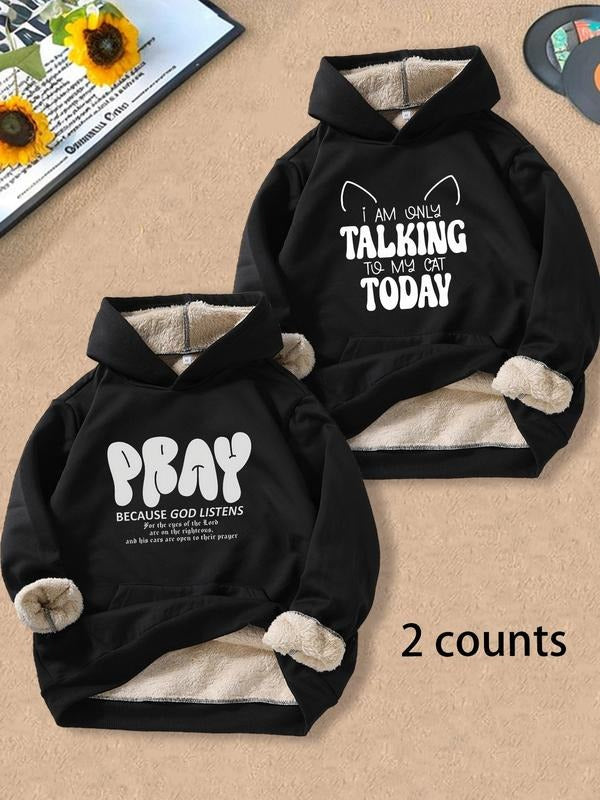 Men's Letter Print Plush Hoodie, Casual Thermal Lined Long Sleeve Hooded Sweatshirt for Fall & Winter, Men's Clothes for...